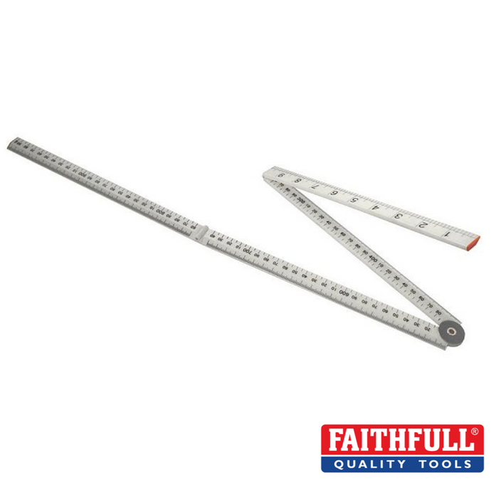 A partially extended fan-shaped folding metal ruler features both metric and imperial measurements, with the Faithfull brand logo prominently displayed at the bottom right corner.