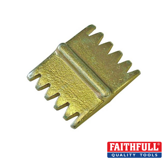 Faithfull's 25mm/1" Scutch Combs, designed for precision in carpet installation, are featured against a white background adorned with the Faithfull Quality Tools logo. The robust design boasts chrome vanadium steel elements for added strength and reliability.