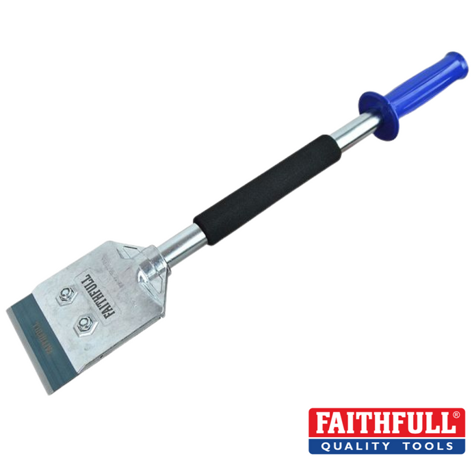 The Faithfull All Metal Heavy-Duty Long Handle Scraper 100mm comes with a blue handle and black grip, featuring a reversible high-carbon steel blade secured by two bolts. The brand name 