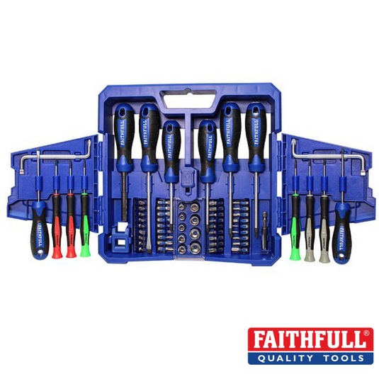 Screw driver set with 63 different pieces for use accross all kinds of wood and DIY projects