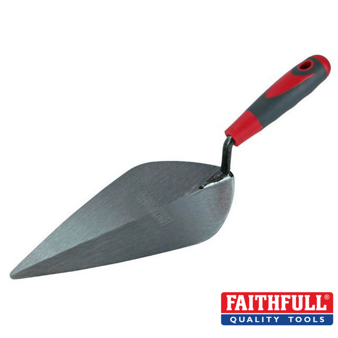 The Faithfull Soft-Grip Brick Trowel London 10” showcases a London pattern blade with a pointed steel design and features a red and black soft-grip handle. The tool is angled against a white background, with the Faithfull logo positioned in the bottom right corner.