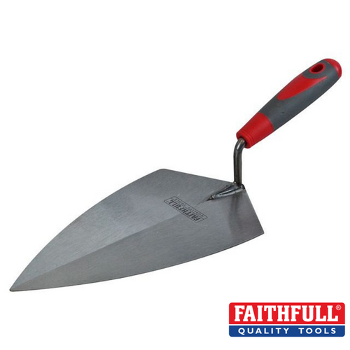 Displayed against a plain background is the Faithfull- Soft-Grip Brick Trowel Philadelphia , showcasing its distinctive Philadelphia pattern blade and grey and red handle. The Faithfull brand name is prominently visible in the bottom right corner, making it an ideal choice for bricklaying professionals.