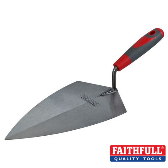 Displayed against a plain background is the Faithfull- Soft-Grip Brick Trowel Philadelphia 11", showcasing its distinctive Philadelphia pattern blade and grey and red handle. The Faithfull brand name is prominently visible in the bottom right corner, making it an ideal choice for bricklaying professionals.