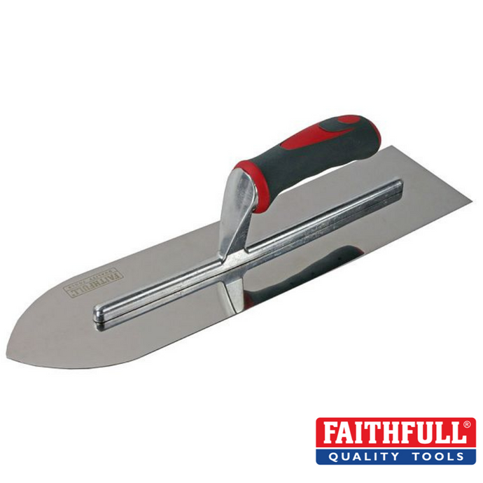 A Faithfull - Soft-Grip Flooring Trowel featuring a black and red ergonomic handle and a 16” x 4” stainless steel blade with a pointed tip, branded with Faithfull Quality Tools in the bottom right corner.