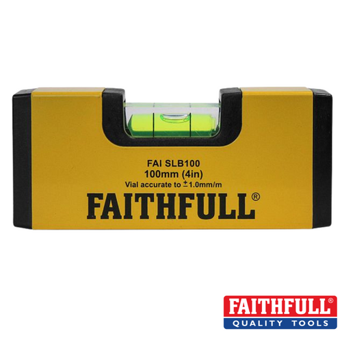 The Faithfull logo is prominently displayed on the yellow and black Magnetic Mini Level 100mm. This compact tool offers vial accuracy of ±1.0mm/m and includes shockproof end caps for enhanced durability, enabling hands-free and precise measurements.