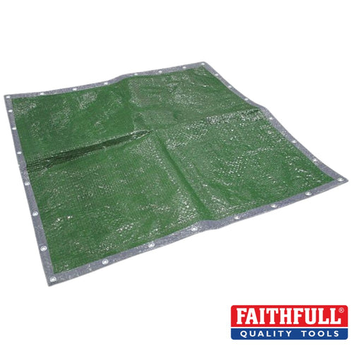 A 3.6 x 2.7m (12 x 9ft) green tarpaulin from Faithfull, featuring UV resistance and metal grommets along the edges, is laid flat with the Faithfull Quality Tools logo displayed in the bottom right corner.