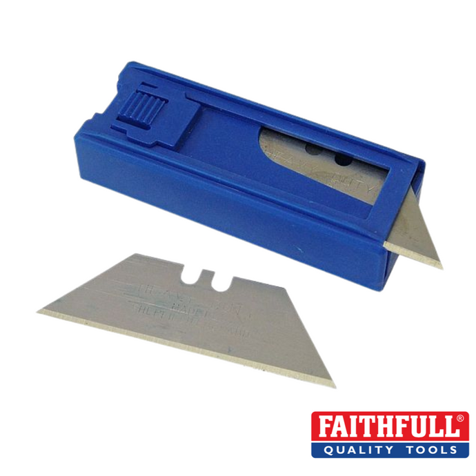 The Faithfull Heavy-Duty Trimming Knife Blades (Dispenser 10), from the renowned brand Faithfull, features a blue blade dispenser that securely holds one partially extended heavy-duty carbon steel blade and another spare. These rectangular blades, made in Sheffield, are designed with sharp, angled edges. The Faithfull Quality Tools logo is prominently displayed in the bottom right corner of the dispenser.