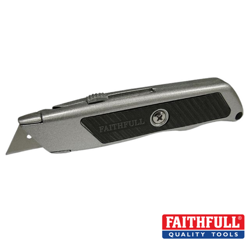 A die-cast metal all-purpose knife with a retractable blade and black grip accents, named “Faithfull- Trimming Knife - Retractable Blade,” features the brand name Faithfull inscribed on it along with the FAITHFULL Quality Tools logo in the bottom right corner.
