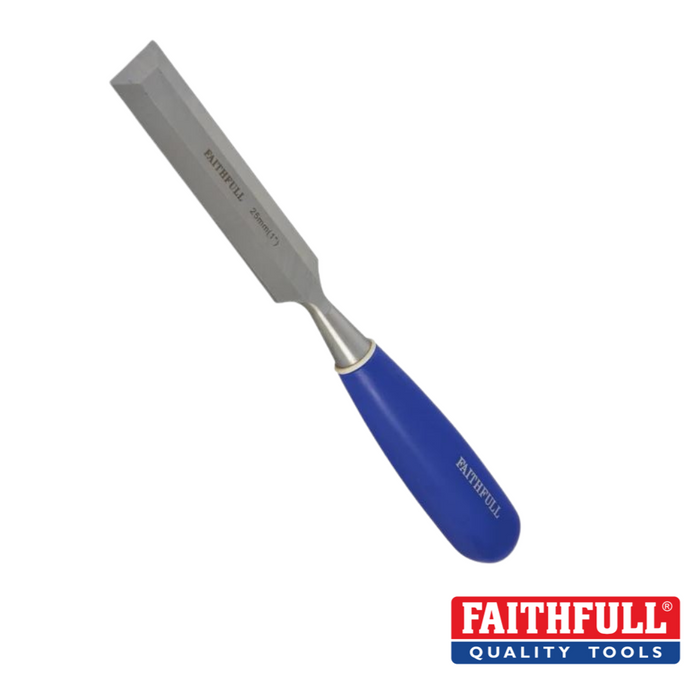 The Faithfull - Wood Chisel - Various Sizes, featuring a sharp rectangular chisel head crafted from Chrome-Vanadium steel, is showcased. It includes an impact resistant blue handle and prominently displays the Faithfull Quality Tools logo in the bottom corner.