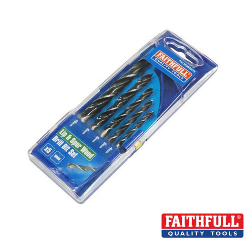 A plastic case featuring the Faithful - Lip and Spur Wood Drill Bit Set (x5), which includes five blue bits, is displayed at an angle. The packaging highlights brand logos and labels, with the Faithfull logo prominently displayed in the bottom right corner. These bits are ideal for precision work and meet high standards of durability.