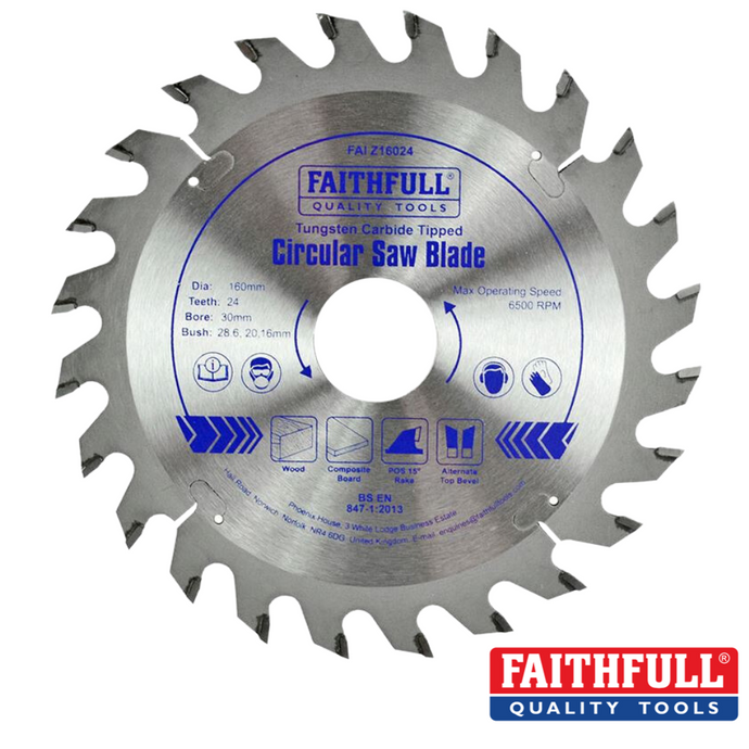 Image of a Faithfull - TCT Circular Saw Blade with a diameter of 160mm, featuring 24 sharp tungsten carbide-tipped teeth around its edge and a bore size of 30mm. The blade is silver, showcasing its professional quality, and the Faithfull logo appears prominently at the bottom right of the image as a testament to its excellence in power machine blades.