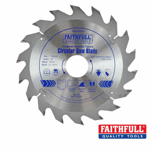 The Faithfull TCT Circular Saw Blade features robust tungsten carbide-tipped teeth for enhanced durability and precise timber cutting. Designed with a 165mm diameter, 18 teeth, and a 30mm bore, it operates at a maximum speed of 6500 RPM—making it ideal for wood applications. The Faithfull logo is displayed in the bottom right corner. Product: Faithfull TCT Circular Saw Blades – Various Sizes & Teeth by Faithfull.