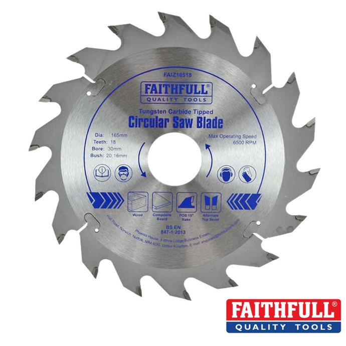 Introducing the Faithfull TCT Circular Saw Blade, renowned for its professional-quality performance. Crafted with tungsten carbide tips, this blade boasts specifications of 165mm in diameter, 18 teeth, a 30mm bore, and a maximum operating speed of 6500 RPM. The Faithfull brand embodies reliability in power tool accessories.