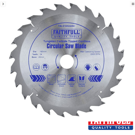 Faithfull - TCT Cordless Trimsaw/Circular Saw Blades - Dia: 165mm - Teeth: 24 - Bore-	20mm