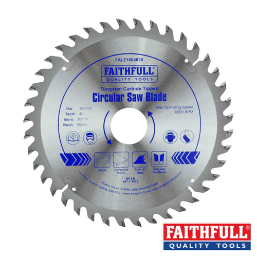 A Faithfull TCT Circular Saw Blade from the “Faithfull TCT Circular Saw Blades – Various Sizes & Teeth” range, featuring 40 teeth and a 180mm diameter with a durable tungsten carbide tipped edge for precise timber cutting. The blade displays printed specifications and safety icons, along with the Faithfull Quality Tools logo on the surface.