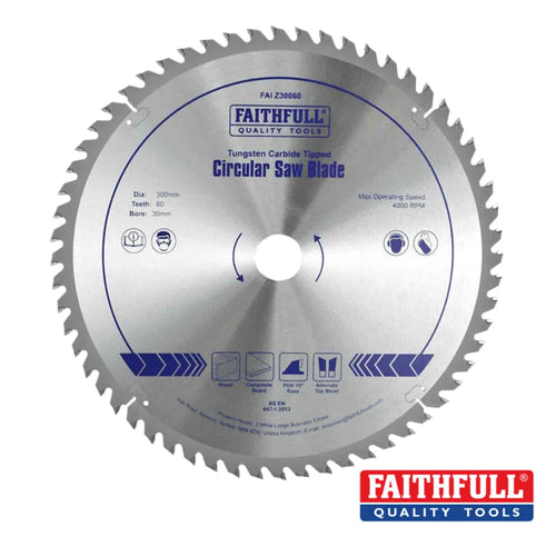 The Faithfull TCT Circular Saw Blade, available in a variety of sizes and teeth counts, features tungsten carbide tipped teeth for efficient timber cutting. The blade is branded with the Faithfull logo and includes detailed specifications and safety icons displayed on its surface.