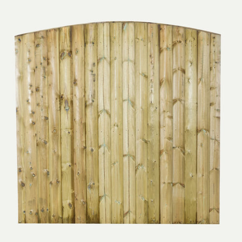 The Bingley Fencing Featheredge Fence Panel - Arched Top features vertical planks of natural, light-colored wood with visible knots and grains.