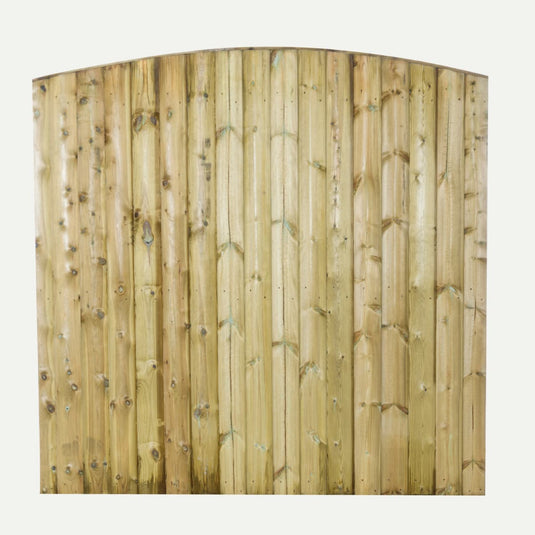 The Bingley Fencing Featheredge Fence Panel - Arched Top features vertical planks of natural, light-colored wood with visible knots and grains.