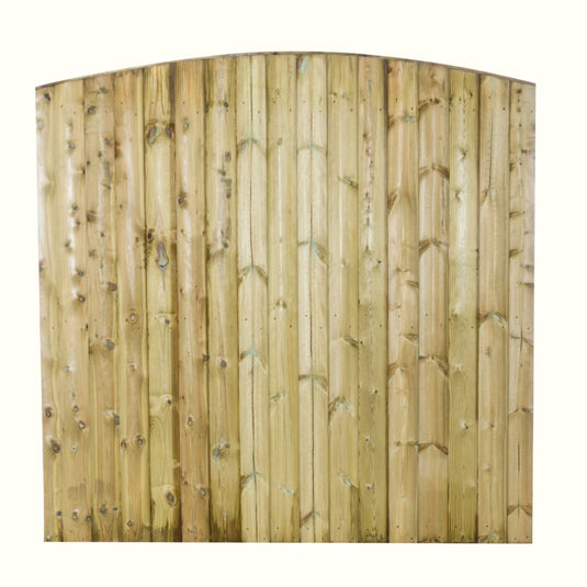 The Bingley Fencing Featheredge Fence Panel - Arched Top features vertical planks of natural, light-colored wood with visible knots and grains.