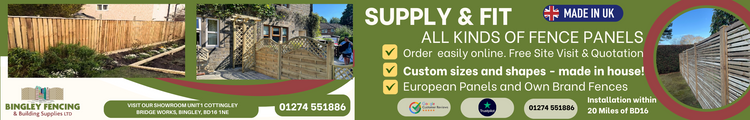 Green sales banner showing fence panels and the wording to show that we offer fitting as well as supply