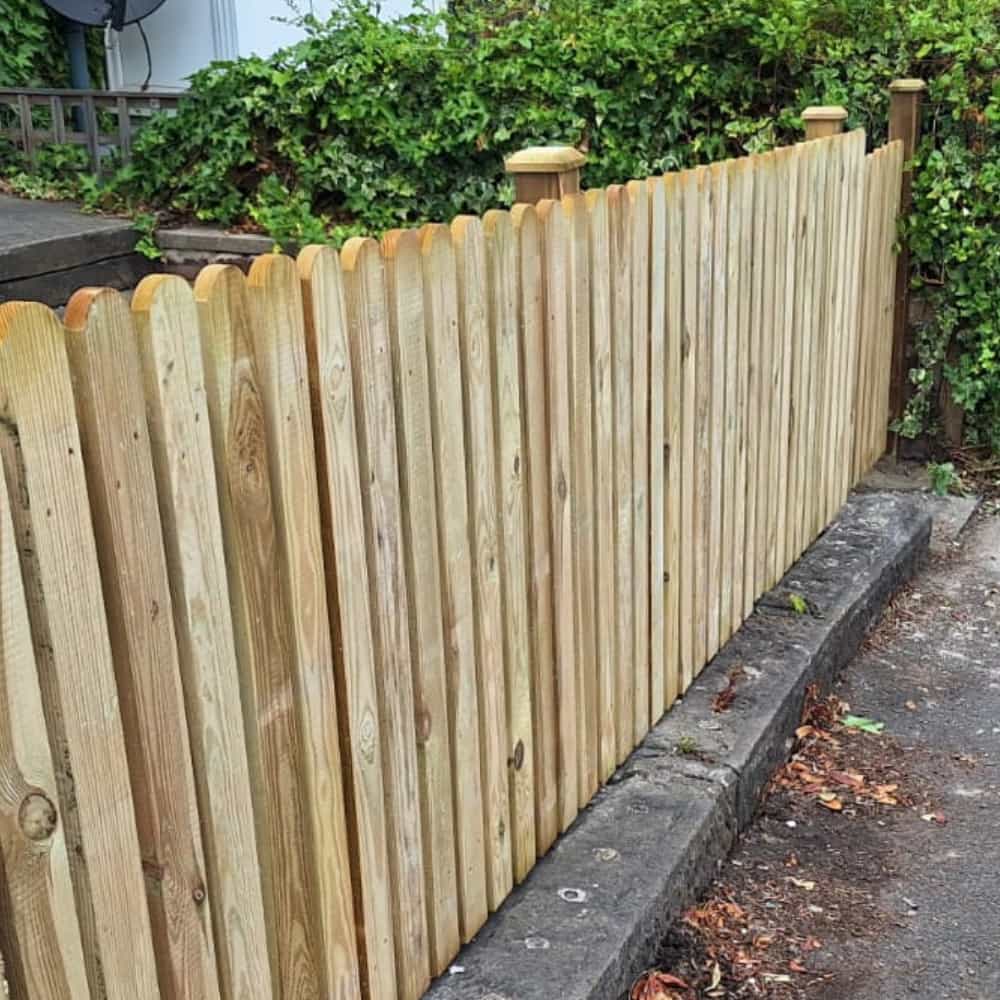A new wooden picket fence with vertical slats runs alongside a sidewalk, bordered by green leafy plants and ivy in the background.