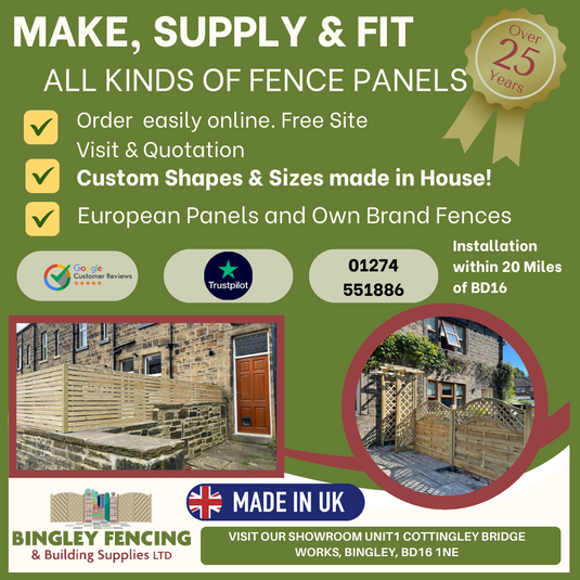 Green sales banner showing fence panels and the wording to show that we offer fitting as well as supply