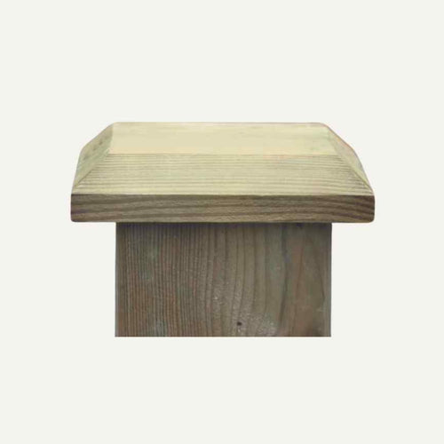 The Bingley Fencing Fence Post Caps – Various Sizes feature a square wooden design with a gently sloped top, fitting over pressure-treated timber posts. Ideal for finishing your fencing accessories, pictured against a plain white background.