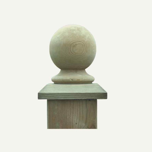 The Bingley Fencing Fence Post Caps - Various Sizes feature a round ball finial on a square, light wood base, ideal for use as fence post caps or other fencing accessories. Shown here isolated on a plain white background.