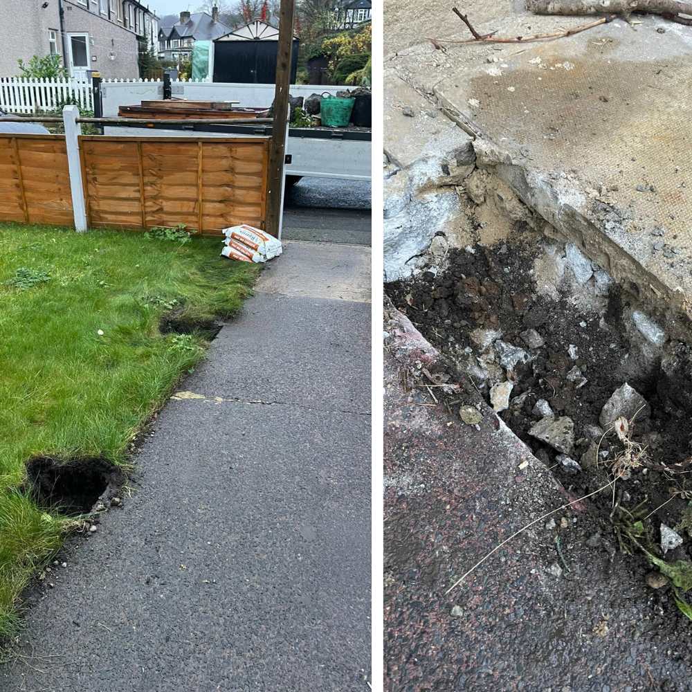 Split image showing two scenes: Left side features a grassy area with a hole and scattered soil beside a sidewalk. Right side shows a close-up of a cracked sidewalk with exposed soil and debris underneath.