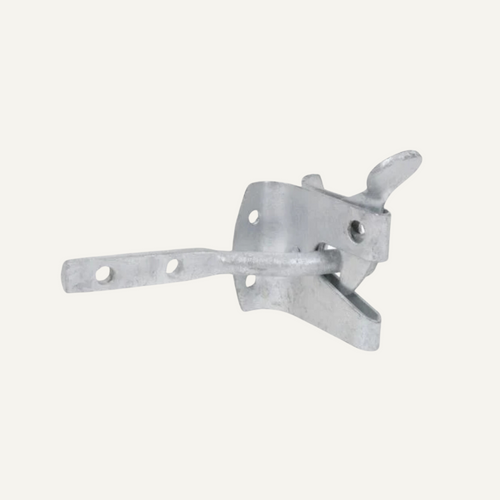 This ironmongery piece, known as the Auto Gate Catch by Henry Shaw, features a durable metal latch with a flat base and an adjustable arm equipped with three holes for attachment. It is perfect for securing doors or gates, boasting a simple unpainted metal finish that complements any gate or fence fixings.