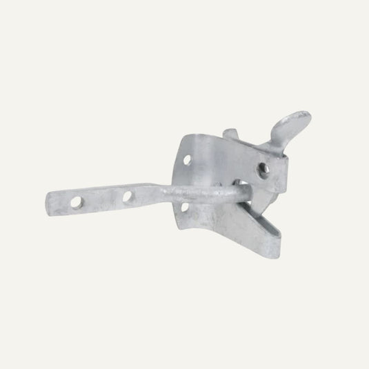 This ironmongery piece, known as the Auto Gate Catch by Henry Shaw, features a durable metal latch with a flat base and an adjustable arm equipped with three holes for attachment. It is perfect for securing doors or gates, boasting a simple unpainted metal finish that complements any gate or fence fixings.
