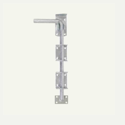 The Henry Shaw Drop Bolt/Garage Door Bolts 18" is designed for field gates and features a long vertical rod with three mounting plates. It includes a horizontal handle at the top for easy operation, and the surface is galvanized to ensure rust resistance.