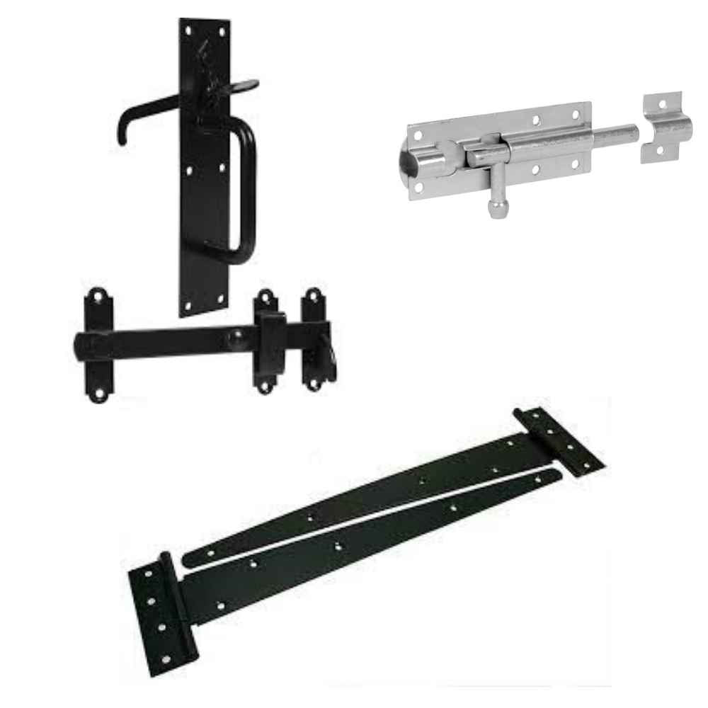 Three different types of metal gate and door hardware: a black latch with handle, a silver sliding bolt latch, and a pair of long black strap hinges, all shown on a white background.