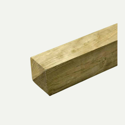 A close-up of a 6"x 6" (150mm x 150mm) Bingley Fencing gate post with a pointed end, resting on a plain, light-colored background. The rough sawn finish highlights the untreated appearance and visible grain patterns of the wood.