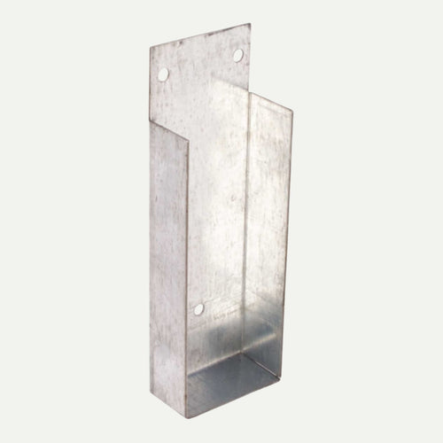 Image of a Gravel Board Clip with Retaining Lip 6" by Bingley Fencing, designed as a rectangular metal bracket with a bottom and two side walls. It features an integral retaining lip and includes two holes near the top for mounting. Ideal for medium to heavy-duty fence panels, this product appears to be constructed from galvanized steel.