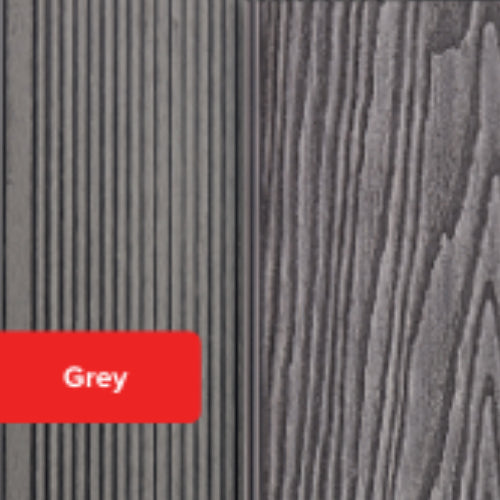 Side-by-side comparison of two grey surfaces: one displays the signature grooved finish commonly found on deX Composite Decking Step Boards by deX—ideal for steps and edges—while the other features a woodgrain texture. A red “Grey” label highlights the grooved surface’s suitability as a step board.