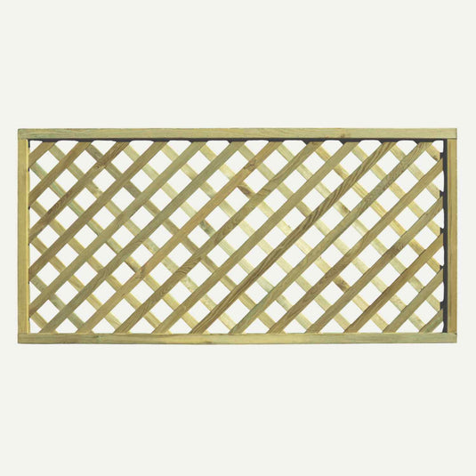 The KDM Trellis - Heavy Diamond Lattice Rectangle (90cm x 180cm, HDL10) features a crisscross diagonal pattern framed by a solid wooden border, adding standout style and privacy to any plain background.
