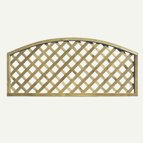 The KDM Trellis - Heavy Diamond Lattice - Convex 60cm x 180cm (HDL5) is a wooden garden fence panel with a curved top and decorative diamond lattice, shown isolated on a plain white background.