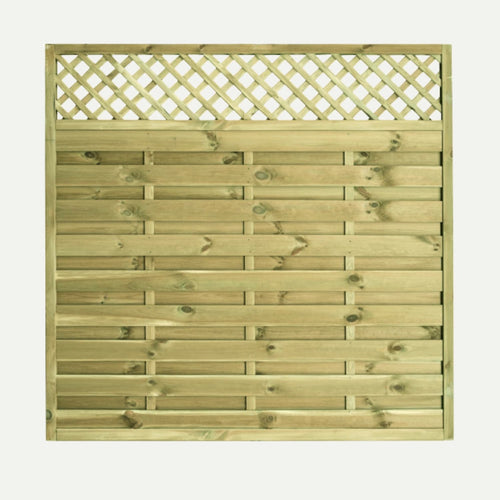 The KDM Horizontal Lattice Top Fence Panel (HLT) is made from pressure treated timber, with horizontal planks and a decorative lattice top, shown against a plain background.