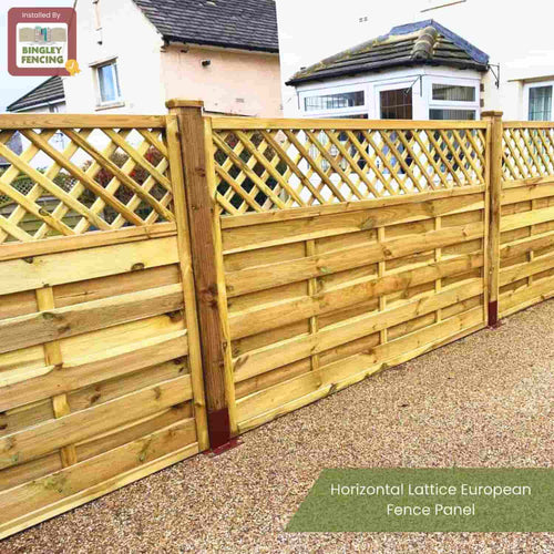 A KDM Horizontal Lattice Top Fence Panel (HLT), made from pressure treated timber, lines a paved area in front of houses. Text reads "Horizontal Lattice Top Fence Panel" with the KDM logo visible.