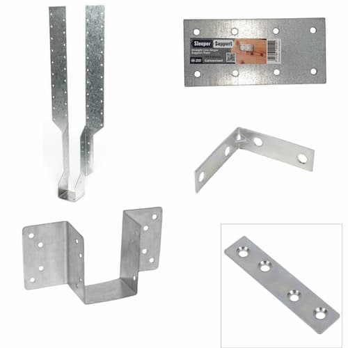 Five different types of metal brackets and plates are displayed on a white background, each with various holes for screws or bolts, designed for construction or structural support purposes.