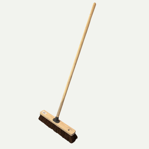 The Bingley Fencing Hard Bristle Sweeping Brush in various sizes, with a wide rectangular wooden head and handle, is displayed against a plain white background.