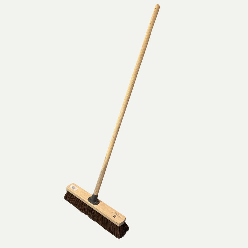 Load image into Gallery viewer, The Bingley Fencing Hard Bristle Sweeping Brush in various sizes, with a wide rectangular wooden head and handle, is displayed against a plain white background.

