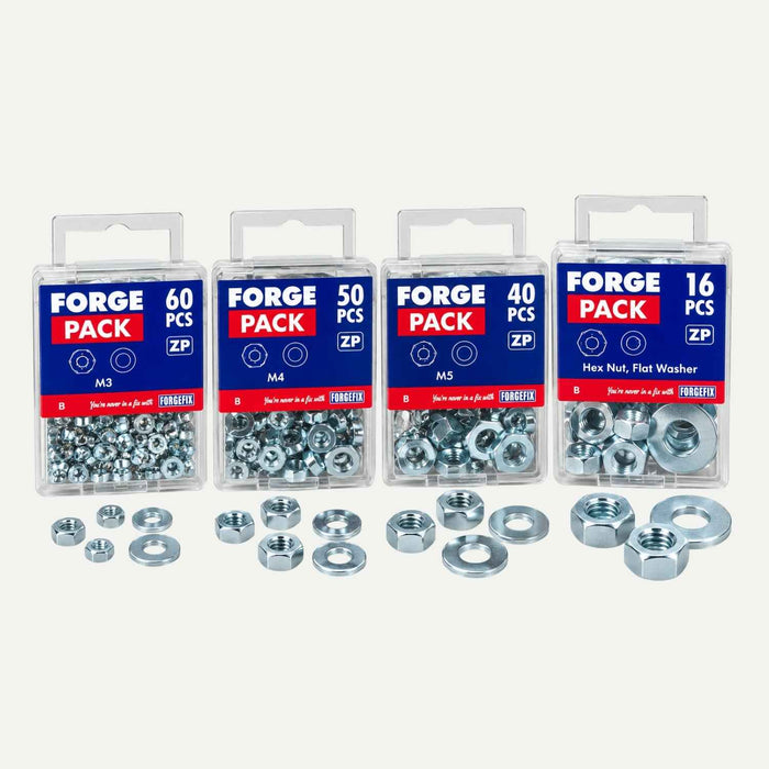 ForgeFix Zinc Plated Hex Nuts & Washer packs – Various Sizes - Handy Packs
