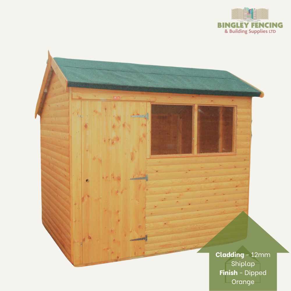The Hipex Shed by Bingley Fencing is a compact wooden structure, featuring a green roof and orange-stained shiplap cladding. It includes a door and two adjacent windows on the right side, with a triangular graphic highlighting its durable cladding and premium finish—perfect for elevating your garden space. The Bingley Fencing & Building Supplies logo is displayed in the corner.