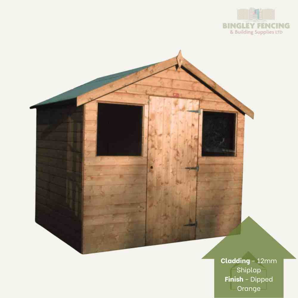Introducing the Hobby Shed from Bingley Fencing, part of the Euro Range. This wooden garden shed boasts a pitched roof and two windows on either side of a central door. It features shiplap cladding with a dipped orange finish, proudly displaying the Bingley Fencing logo in the upper right corner. Crafted to order for your ideal outdoor space.