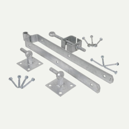 Adjustable Field Gate Hinge Set – Galvanised including a long strap hinge, two mounting plates with pins, an adjustable box hinge, and wood screws, ideal for securing wooden field gates.