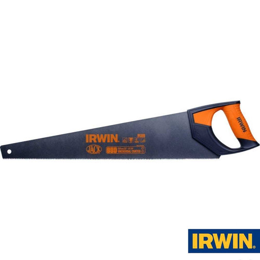 The Irwin 880 Universal Hand Saw boasts a 550mm (22") high-quality C75 steel blade in a striking blue with a PTFE coating for anti-friction. It features an orange and blue ergonomic handle, prominently branded with the Irwin name. This triple ground saw, ideal for gardening tools, delivers a universal cut with fine teeth and is presented against a crisp white background.