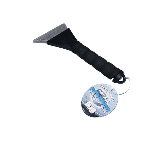 Introducing the Ice Scraper by Bingley Fencing, a durable tool equipped with a black handle and a metal scraping blade. It includes an attached round tag featuring a blue design labeled Frost Scraper, while the bottom right corner showcases the Bingley Fencing logo, your trusted provider for rock salt and snow shovels.