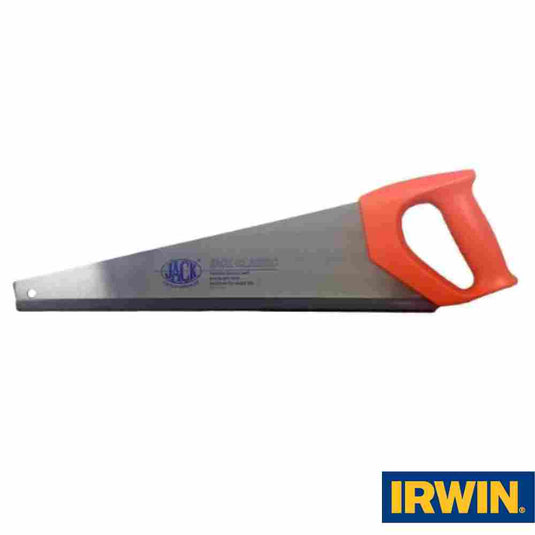 A hand saw with a metal blade and an orange plastic handle is shown, featuring the Irwin logo in the bottom right corner. The Irwin Jack Classic - 20" Hand saw boasts universal teeth for fast cutting, with the brand name and product name elegantly displayed near the blade.